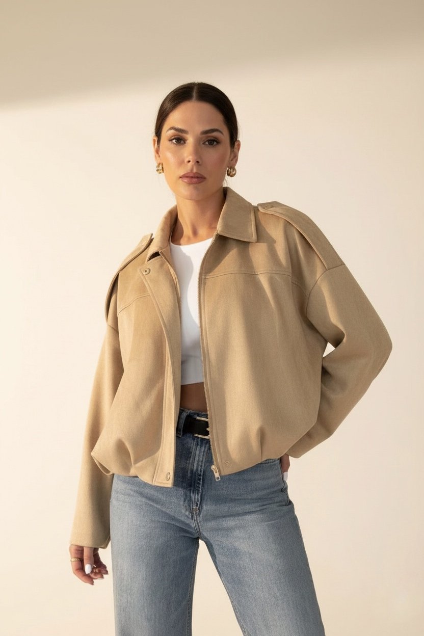 Minimal Suede Oversized Jacket- Beige
