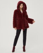 Belted Hooded Faux Fur Jacket- Burgundy