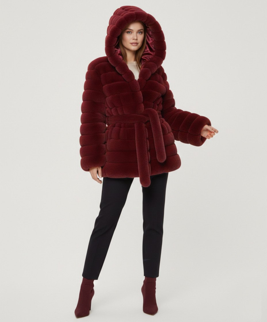 Belted Hooded Faux Fur Jacket- Burgundy