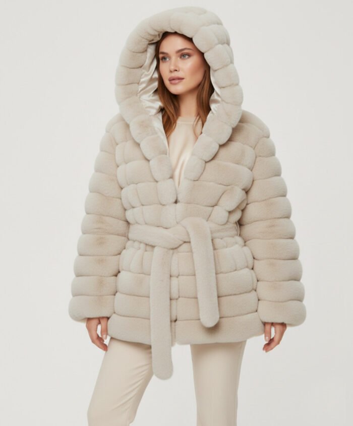 Belted Hooded Faux Fur Jacket- Creamy Beige