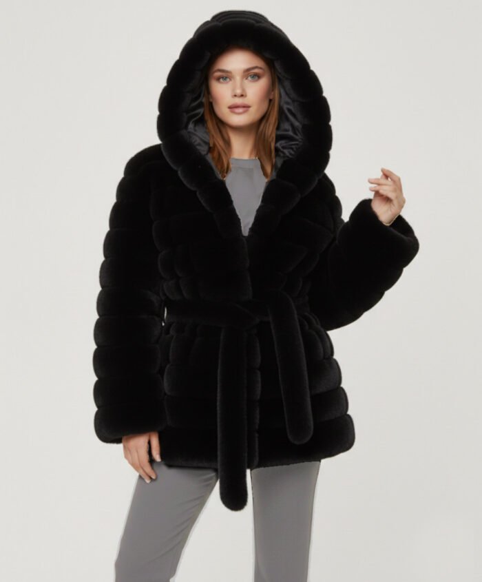 Belted Hooded Faux Fur Jacket- Black
