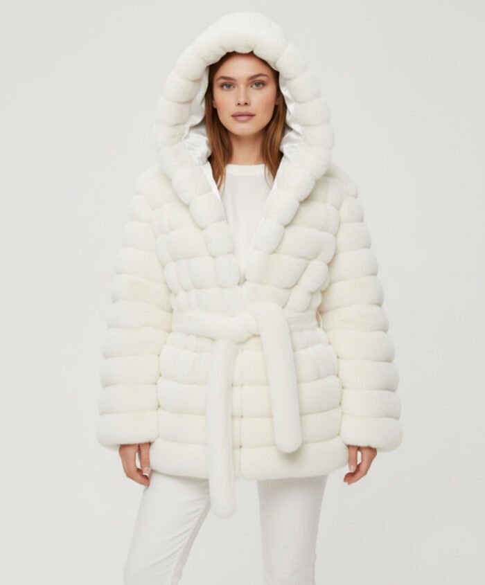 Belted Hooded Faux Fur Jacket- White