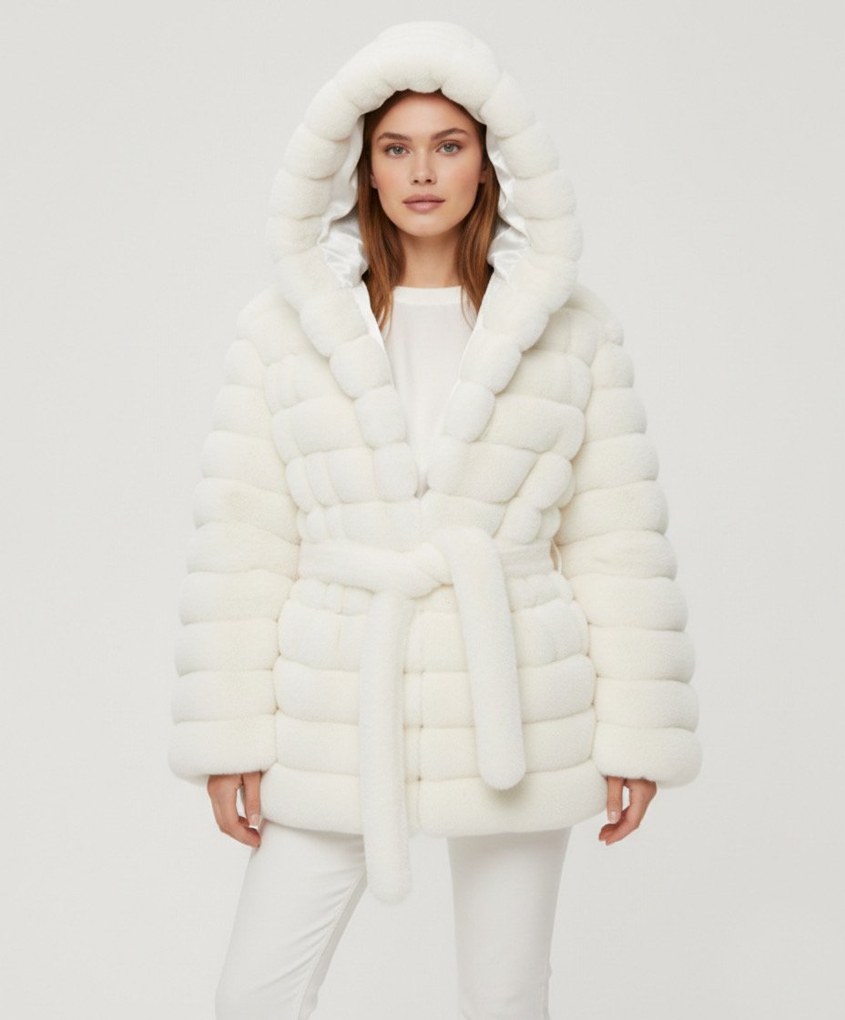Belted Hooded Faux Fur Jacket- White