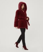 Belted Hooded Faux Fur Jacket- Burgundy