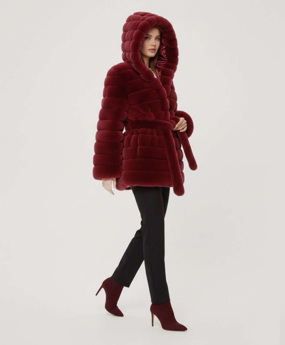 Belted Hooded Faux Fur Jacket- Burgundy