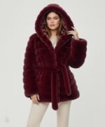 Belted Hooded Faux Fur Jacket- Burgundy