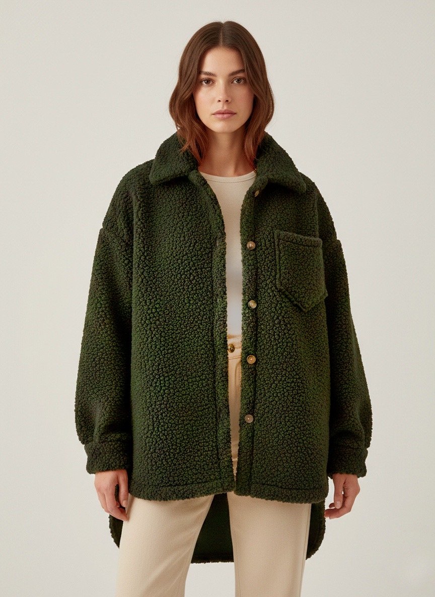 Oversized Teddy Shirt Jacket- Olive