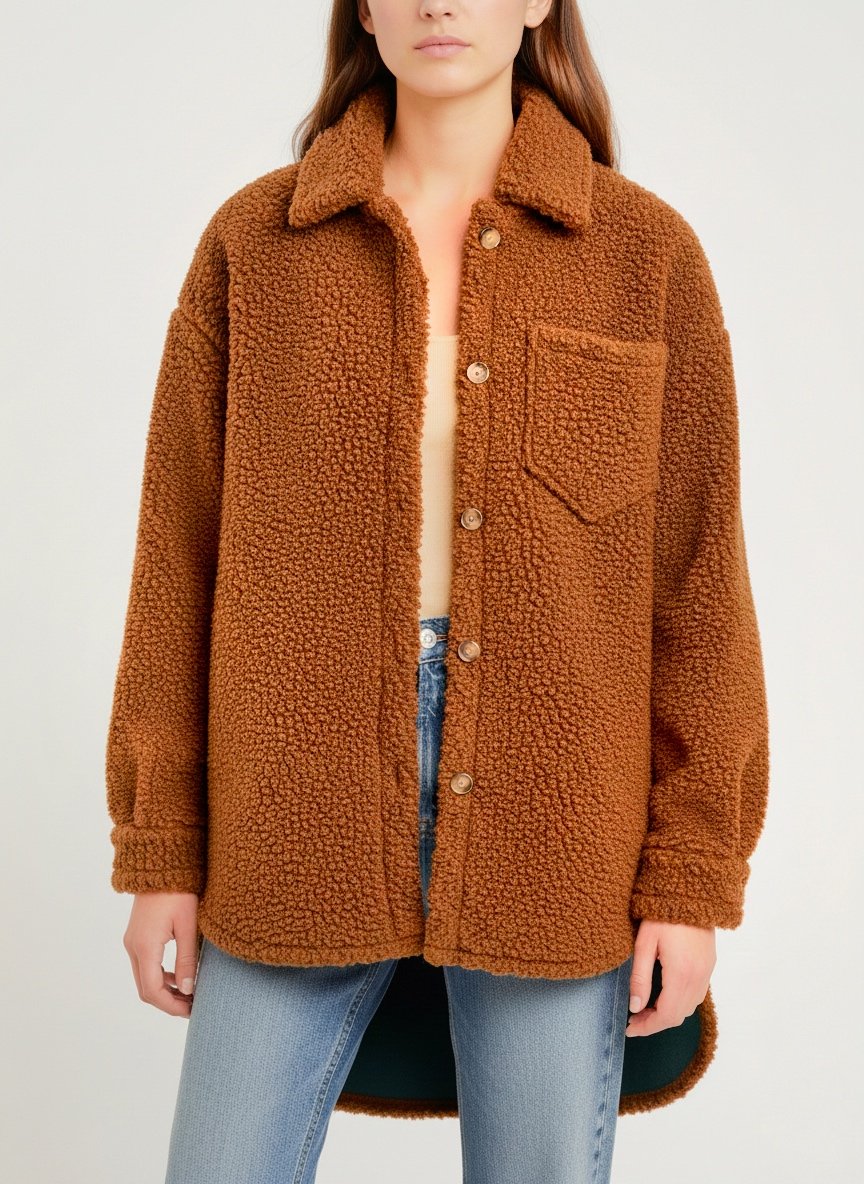 Oversized Teddy Shirt Jacket- Camel