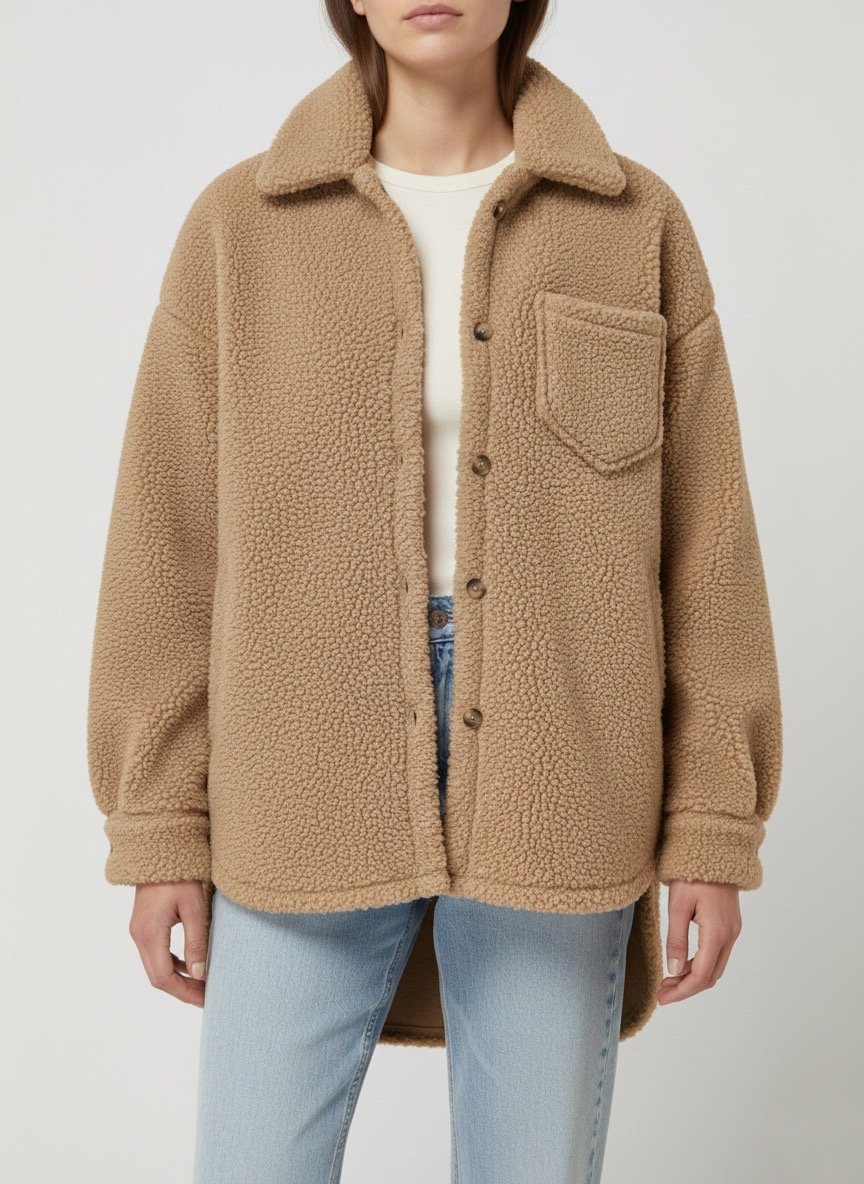 Oversized Teddy Shirt Jacket- Beige