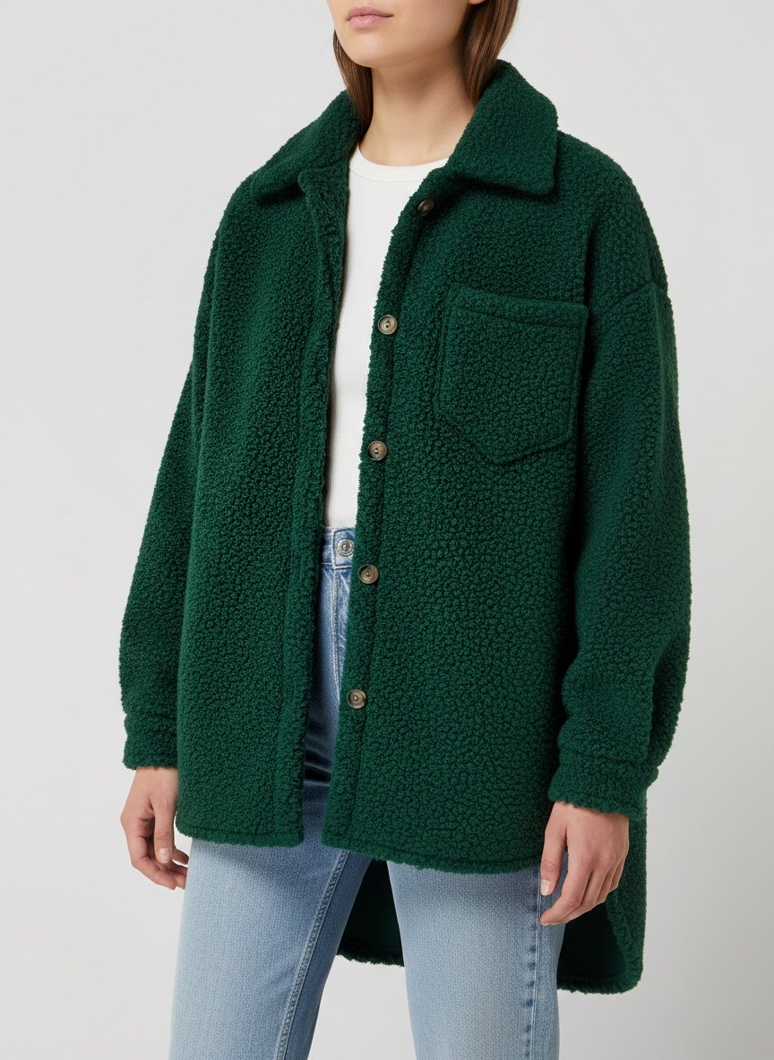 Oversized Teddy Shirt Jacket- Green