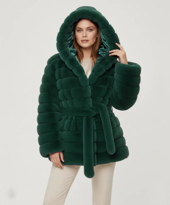 Belted Hooded Faux Fur Jacket- Green