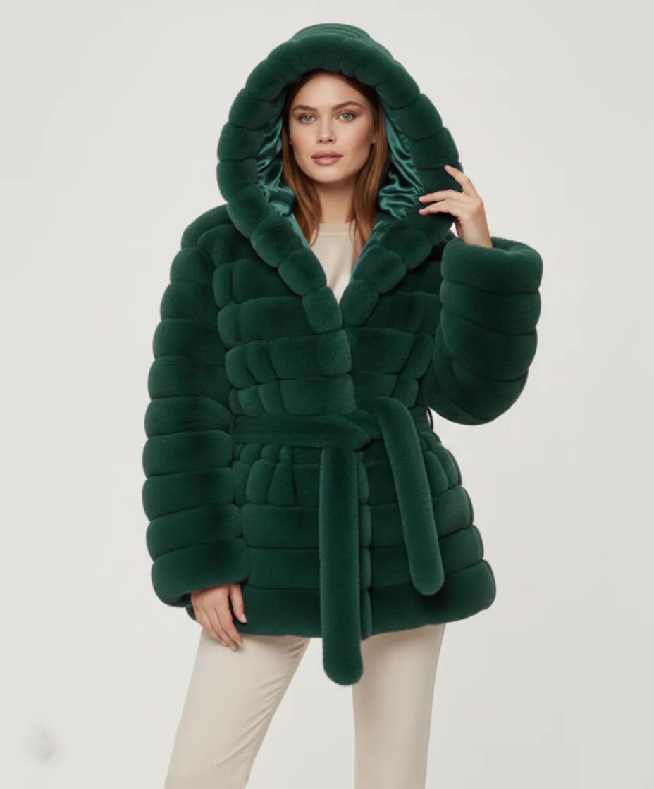 Belted Hooded Faux Fur Jacket- Green