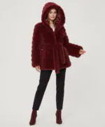 Belted Hooded Faux Fur Jacket- Burgundy