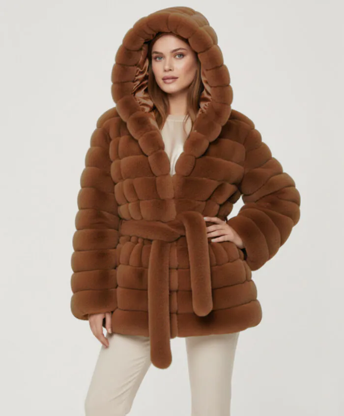 Belted Hooded Faux Fur Jacket- Camel