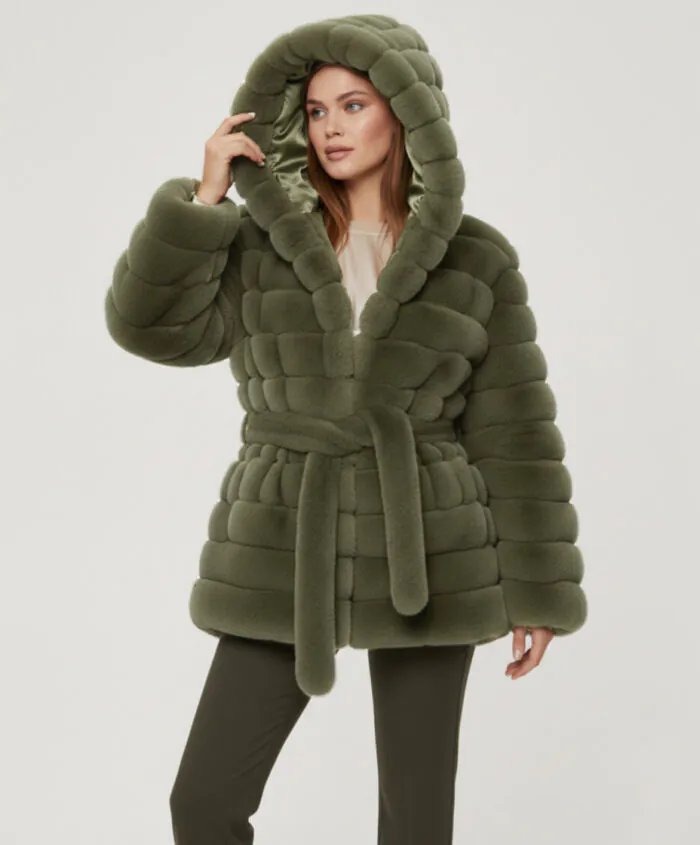 Belted Hooded Faux Fur Jacket- Olive