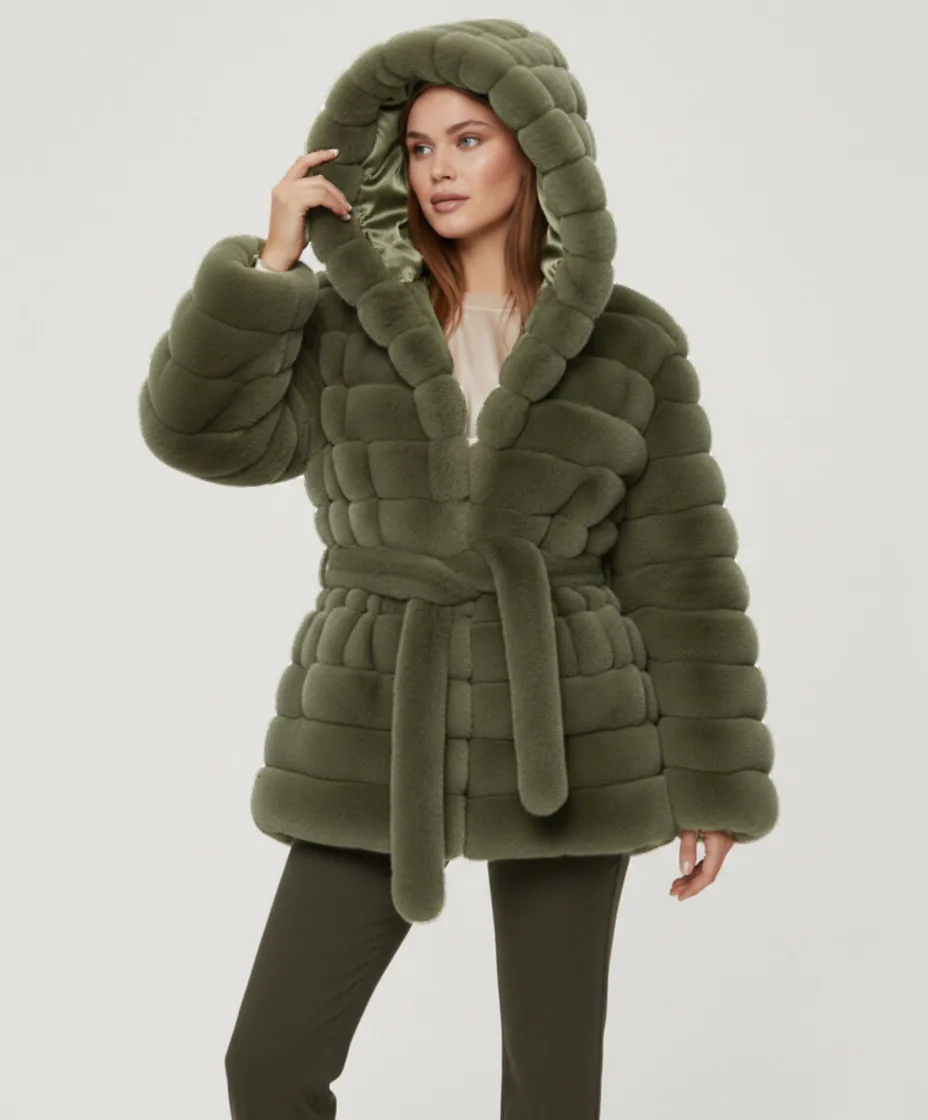 Belted Hooded Faux Fur Jacket- Olive