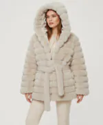 Belted Hooded Faux Fur Jacket- Creamy Beige