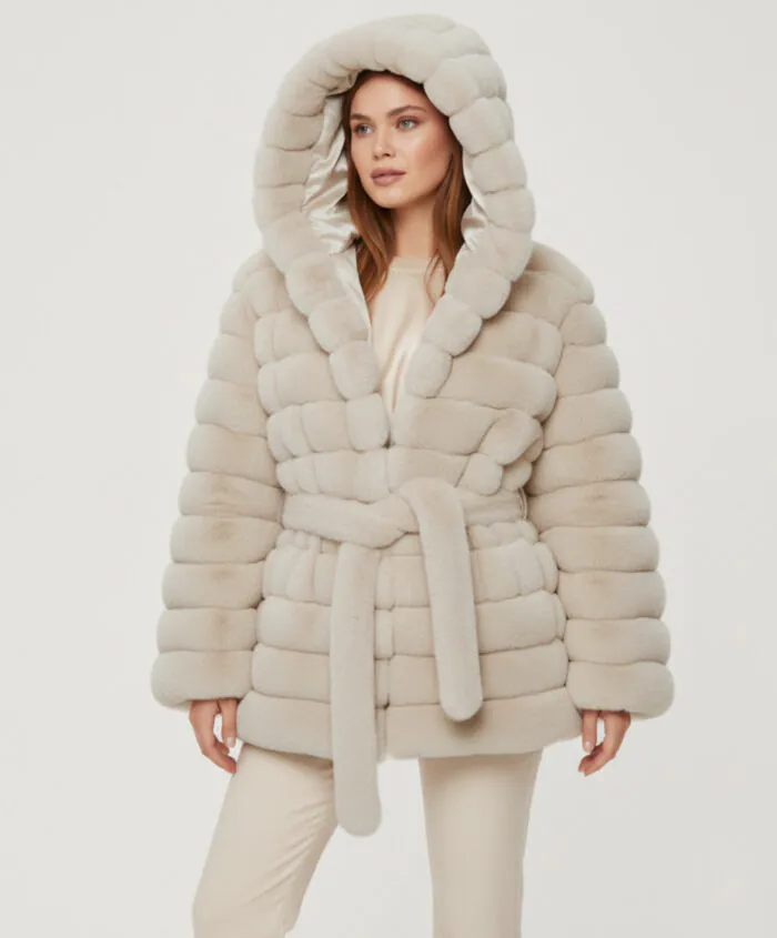 Belted Hooded Faux Fur Jacket- Creamy Beige