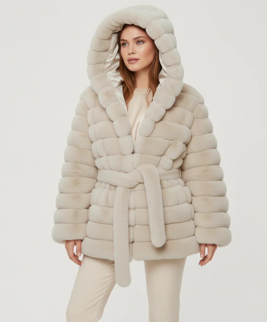 Belted Hooded Faux Fur Jacket- Creamy Beige