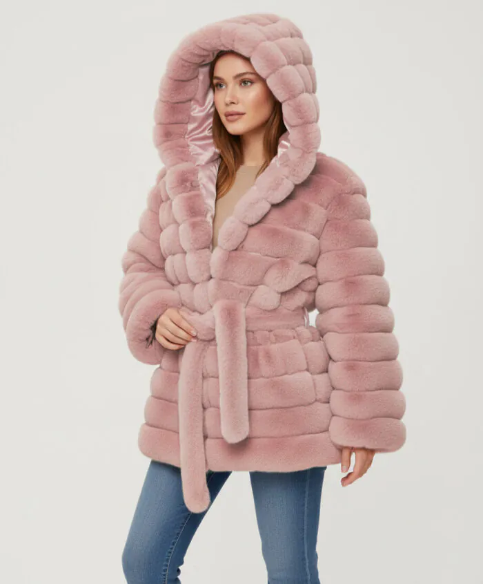 Belted Hooded Faux Fur Jacket- Pink