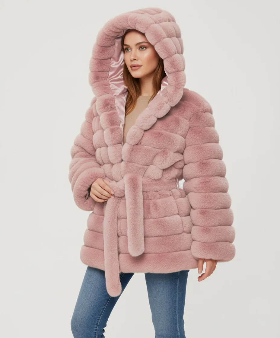 Belted Hooded Faux Fur Jacket- Pink