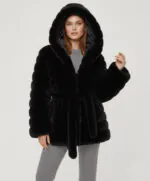 Belted Hooded Faux Fur Jacket- Black