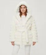 Belted Hooded Faux Fur Jacket- White