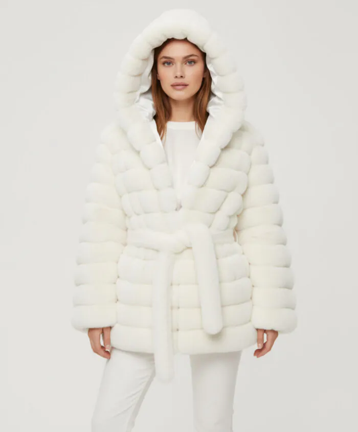 Belted Hooded Faux Fur Jacket- White