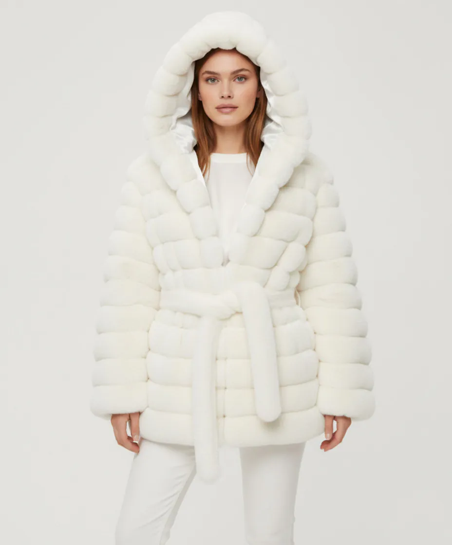 Belted Hooded Faux Fur Jacket- White