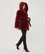 Belted Hooded Faux Fur Jacket- Burgundy