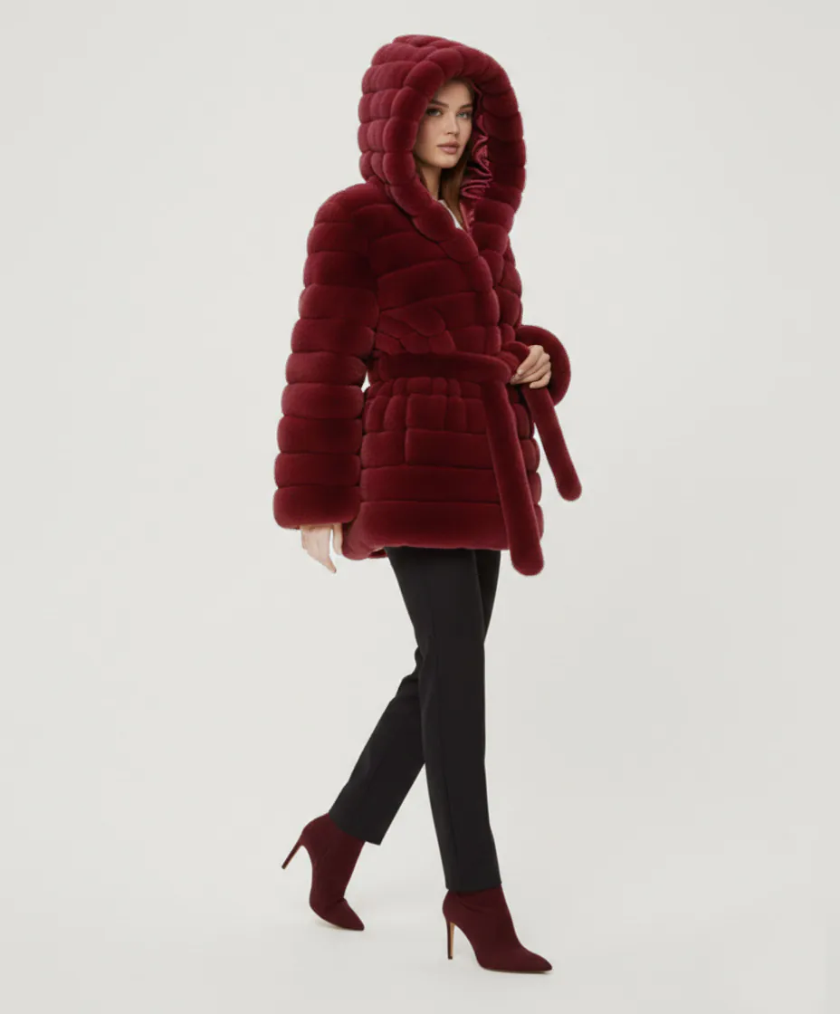 Belted Hooded Faux Fur Jacket- Burgundy