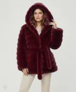 Belted Hooded Faux Fur Jacket- Burgundy