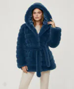 Belted Hooded Faux Fur Jacket- Blue