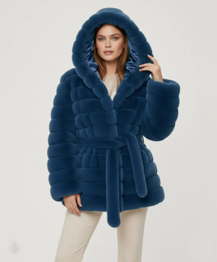 Belted Hooded Faux Fur Jacket- Blue