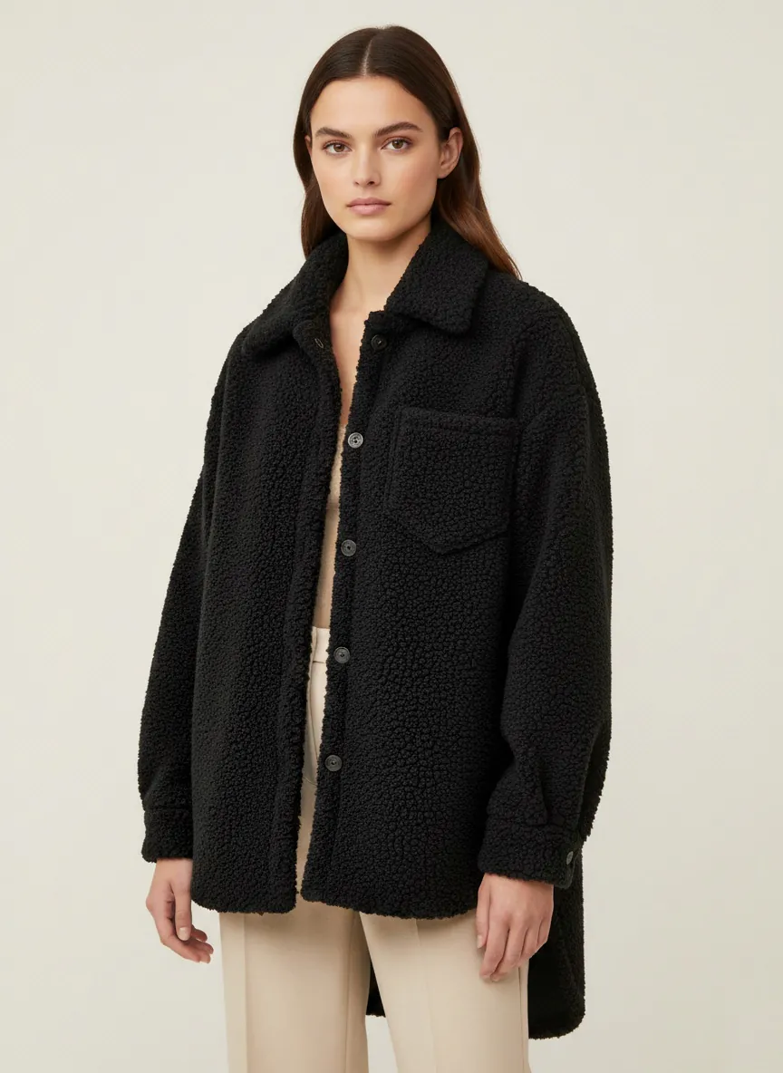 Oversized Teddy Shirt Jacket- Black