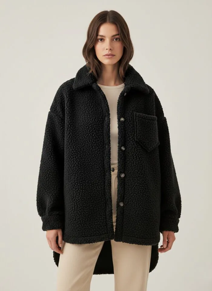 Oversized Teddy Shirt Jacket- Black