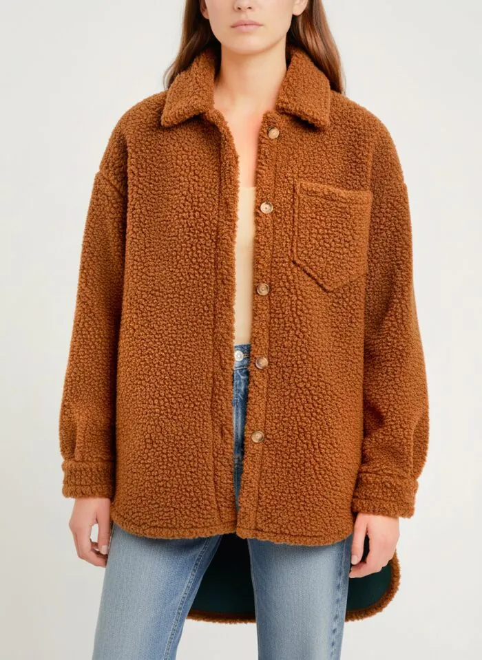 Oversized Teddy Shirt Jacket- Camel