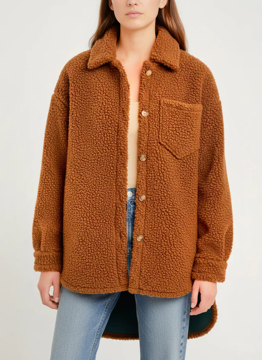 Oversized Teddy Shirt Jacket- Camel
