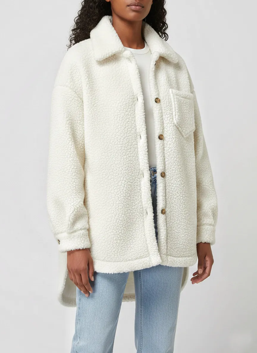 Oversized Teddy Shirt Jacket- White