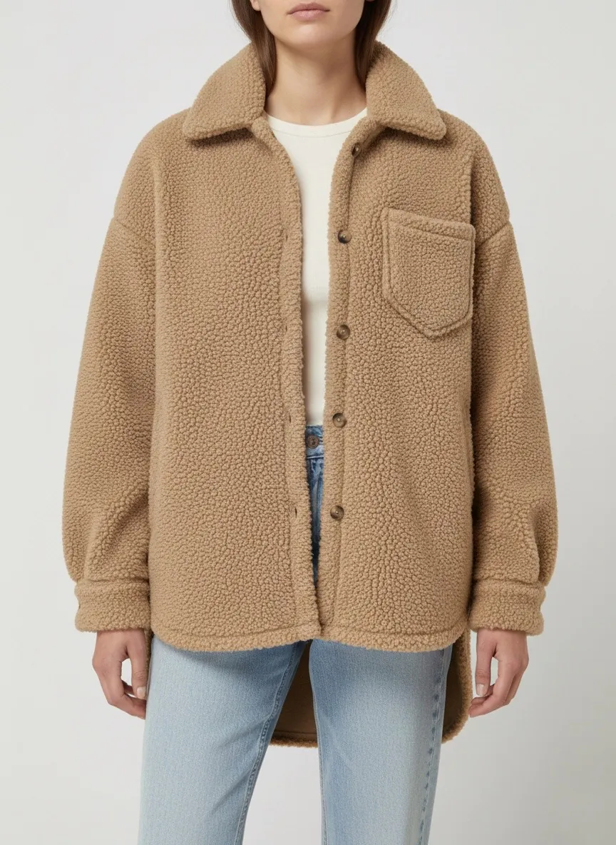 Oversized Teddy Shirt Jacket- Beige