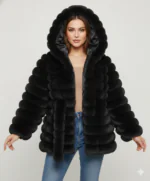 Belted Hooded Faux Fur Jacket- Black