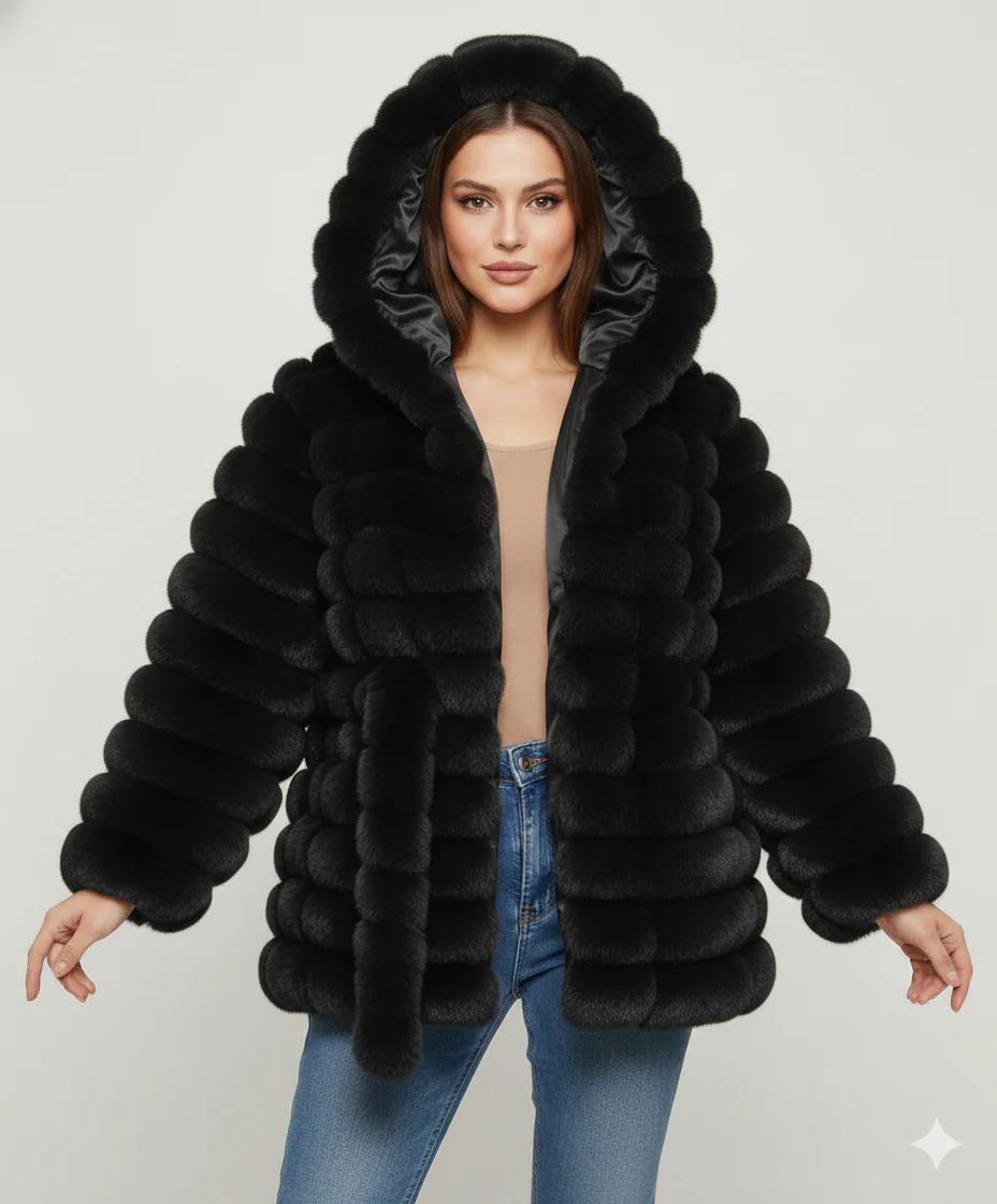 Belted Hooded Faux Fur Jacket- Black